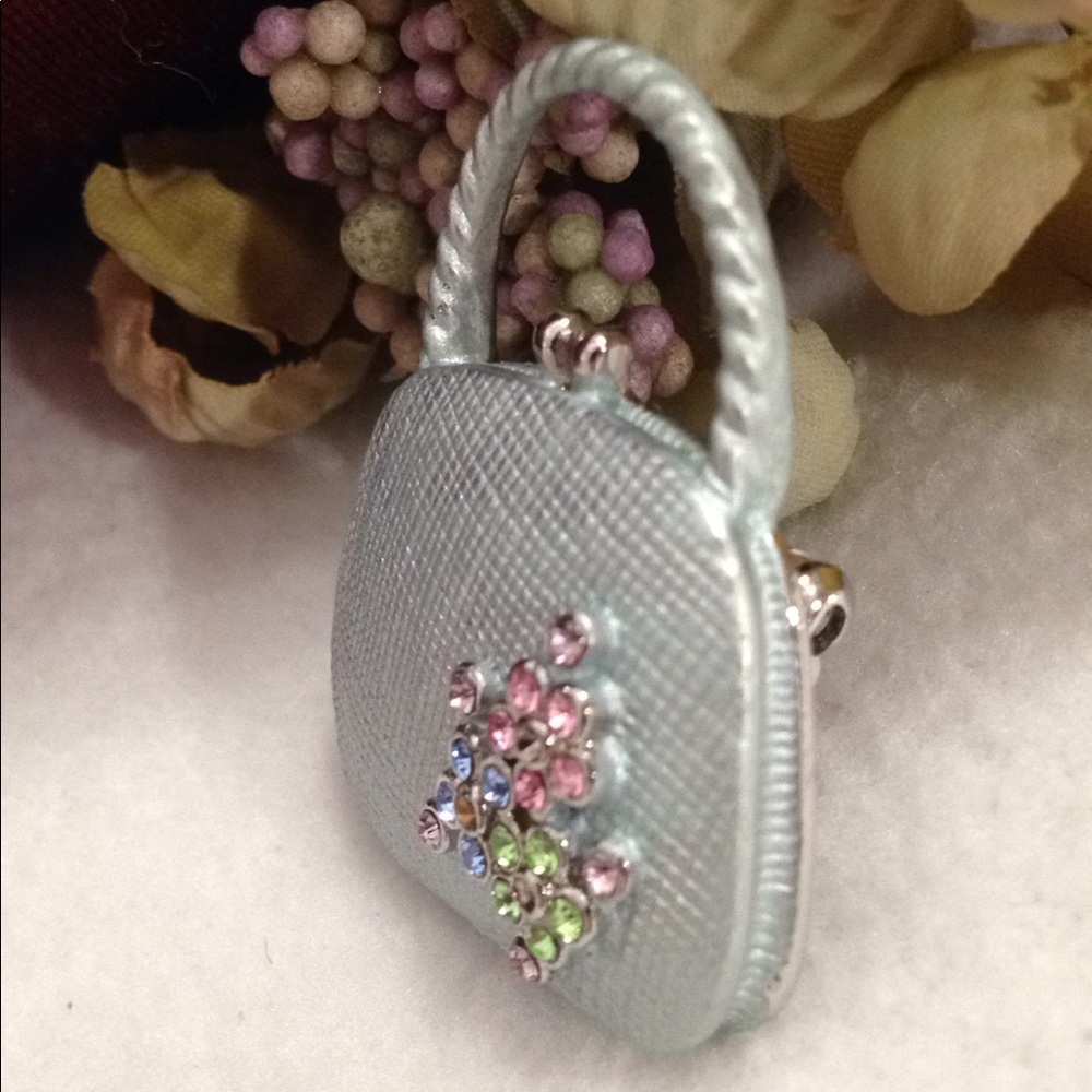 Unique Vintage Brooch Handbag Purse Pin Slate Blue 23 Colorful Jewels Flowers - Picture 6 of 8